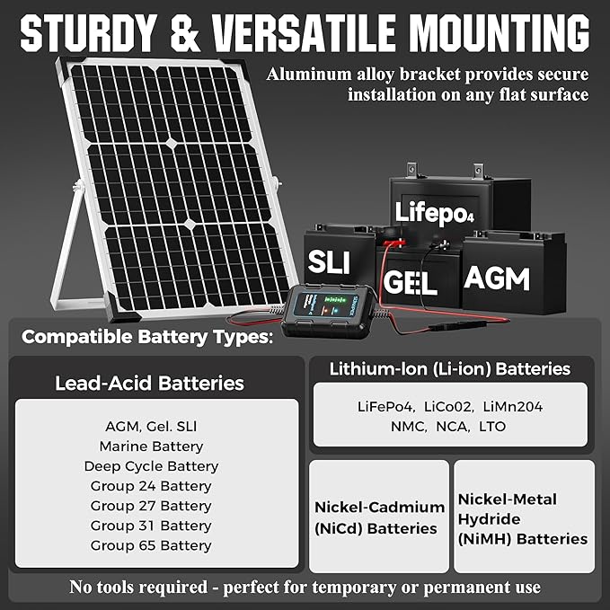 SUNAPEX 30W Solar Battery Charger: 12V Waterproof Solar Panel Kit - Aluminum Trickle Charger for Car Battery with Controller - Battery Tender Motorcycle Boat Marine RV Trailer Tractor Truck