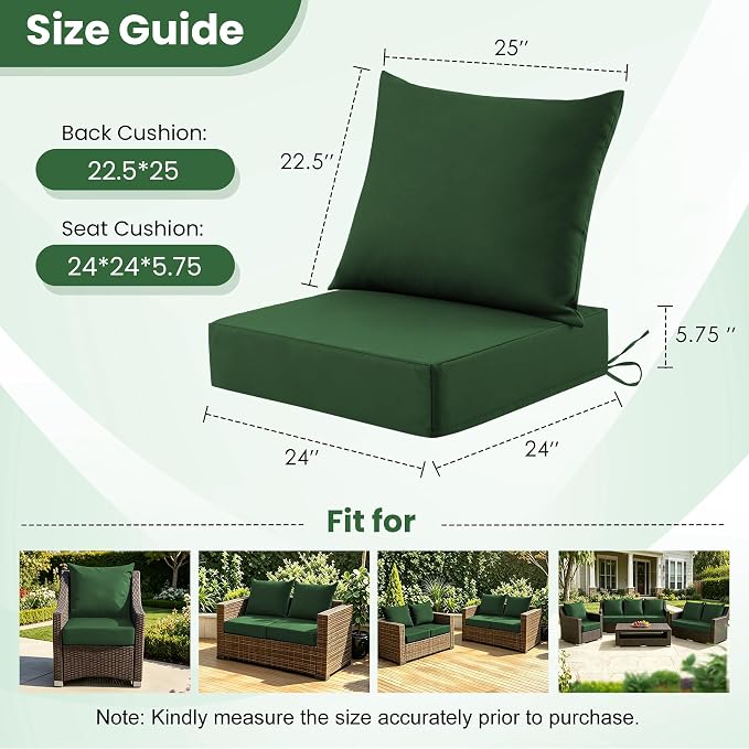 Patio Cushions for Outdoor Furniture, 24x24 Outdoor Couch Cushions, Waterproof & Fade-Resistant Patio Chair Cushions with Removable Cover, Replacement Outdoor Deep Seat Cushion, Forest Green(Set of 6)