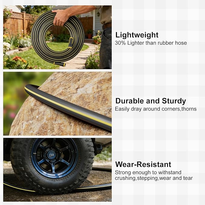 Hybrid Rubber Garden Hose 5/8 Inch, 100 ft Heavy Duty Kink-Free Water Hose, 3-Layer Reinforced, 600 PSI Burst Pressure, Water Safe, All-Weather Flexible Hoses for Yard, Lawn (Black,100 ft)