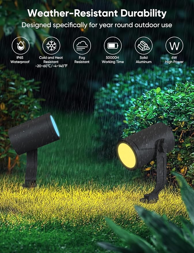 APPECK Outdoor Spot Light 600lm, Smart Landscape Lighting Kit 2 Pack, RGBCW Color Changing Low Voltage Landscape Lights, IP65 Waterproof, App/Voice/Remote Control, for Garden Pathway Yard Decor
