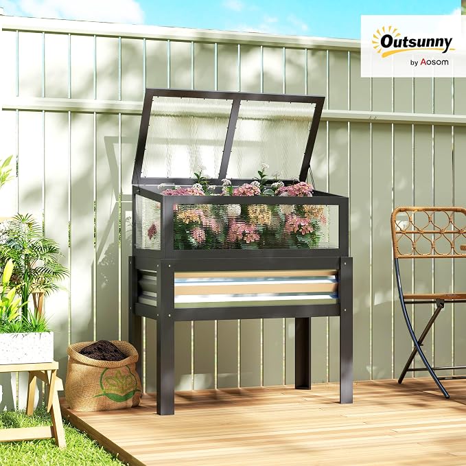 Outsunny Wooden Raised Garden Bed with Flip-Up Greenhouse Top, Raised Garden Bed with Legs and Bed Liner, Elevated Planter Box for Flowers, Vegetables, Herbs, Gray
