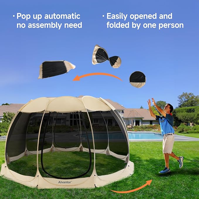 Alvantor Pop Up Screen House Tent, Instant Outdoor Gazebo with Mosquito Netting & UPF 50+ Sun Protection, Portable Canopy Shelter for Patio, Backyard, Camping (2-10 Person)