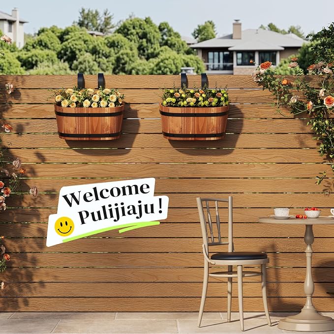 Railing Planters for Outdoor Plants Balcony Hanging Flower Pots with Detachable Hooks, Window Flower Box Hanging Bucket Pots Fence Planters for Garden Home Decor (Brown-2pack, Small)