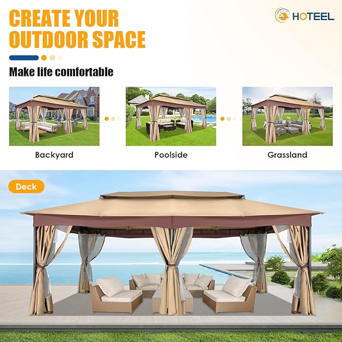 HOTEEL Gazebo 12x20, Outdoor Gazebo on Clearance with Double Ventilated Arc Roof, Privacy Curtains & Mosquito Netting, Easy Set up Canopy Tent with Stable Metal Frame for Patio Gazebo, Khaki