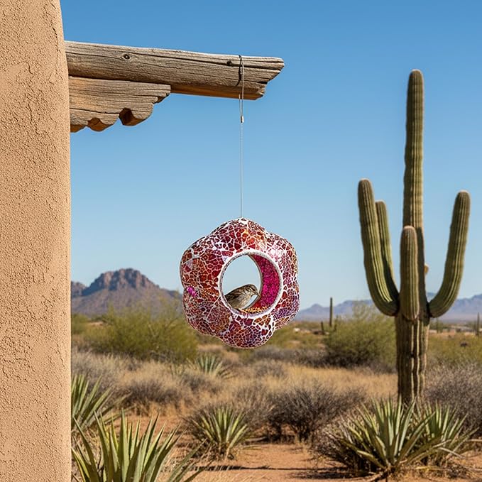 Sunnydaze 10-Inch Glass Mosaic Hanging Bird Feeder for Outdoors - Fly-Through Glass Bird Feeder for Cardinals, Jays, Finches and More - Pearl Pink Flower
