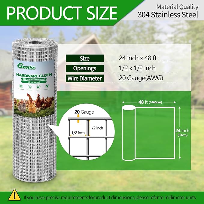 304 Stainless Steel Hardware Cloth 1/2" Large Size 20 GA 24in×48ft Roll | stainless hardware cloth 304 rust resistant heavy duty easy to cut