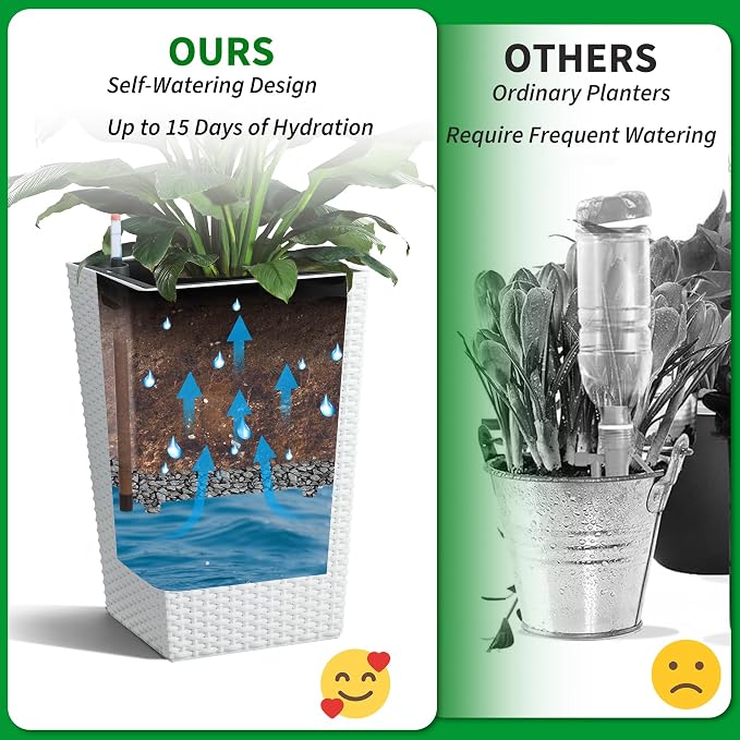 Garvee 16 Inch Tall Planters Set of 4, Self Watering Planters for Outdoor Indoor Plants with Drainage & Water Level Indicator, Tall Flower Pots for Front Porch, Patio, Balcony & Entryway