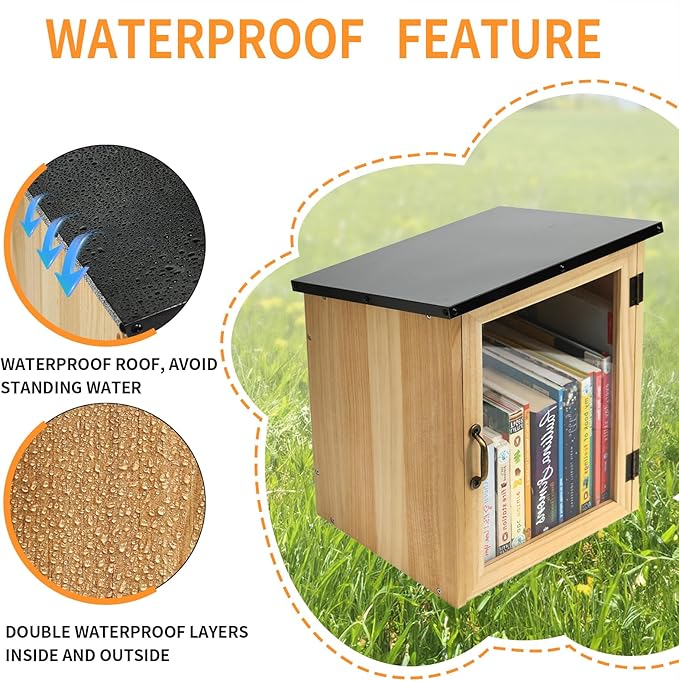 Little Library Box Outdoor, Waterproof Wooden Book Cabinet with Clear Window for DIY, Community & School Sharing, Weatherproof Neighborhood Book Exchange for Literature, Magazines & Newspapers