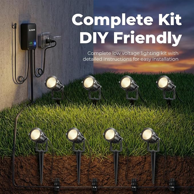 Elenora All-in-One Low Voltage Landscape Lighting Kit, 6W Landscape Spotlights with 80W Transformer & 80FT Wire & Connectors, 2700K Warm White LED Spot Lights Waterproof for Yard Garden Tree, 8 Pack