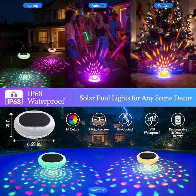 Solar Rechargeable Floating Pool Lights 2 in 1, 6.7 Inch Pool Lights That Float with Remote, 13 RGB Color Changing, Timing Mode, IP68 Waterproof 2600mAh Pool Lights for Inground Pool, Garden 1 PCS