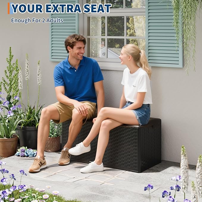 100 gal Outdoor Storage Box with Support Rod, Large Lockable Storage Container for Patio, Waterproof Storage Bin for Garden, Cushions, Tools,Black