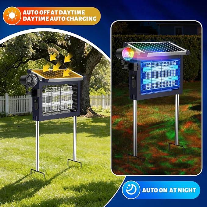 Solar Bug Zapper Outdoor 4500V, 2-in-1 Rechargeable Mosquito Zapper with Projection Light, IP66 Waterproof Cordless Electric Fly Zapper Indoor with Type-C Charging for Patio, Yard & Camping