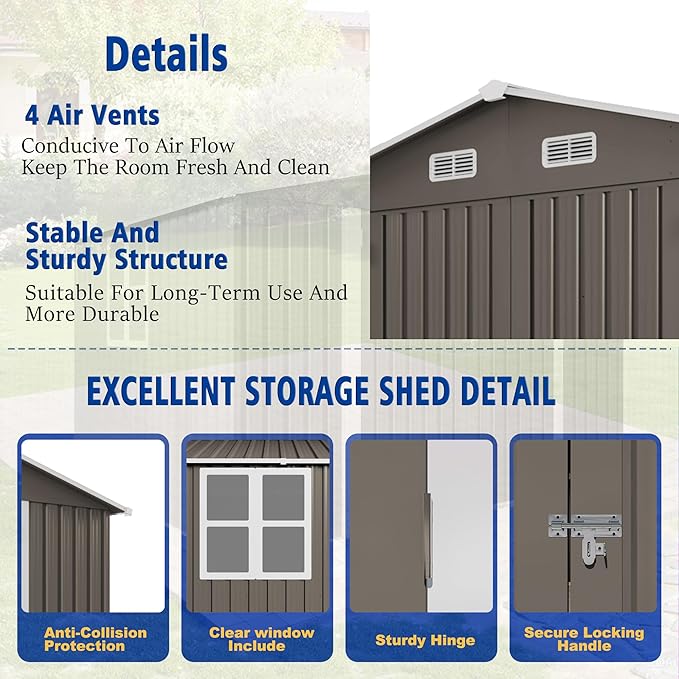 YOPTO 10x8 FT Outdoor Storage Shed,Metal Shed W/Window,Garden Storage Shed W/Lockable Door,All Weather Waterproof Tool House W/ 4 Air Vents & Sloped Roof,for Backyard,Patio,Lawn,Gray
