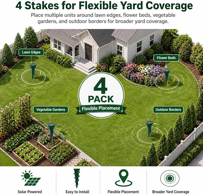Solar Powered Mole Repellent Stakes, Ultrasonic & Vibration Deterrent for Moles, Gophers & Voles, IP65 Waterproof Outdoor Pest Repeller for Yard, Lawn & Garden, 4 Pack