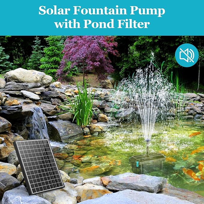POPOSOAP 25W Solar Pond Filter with Water Pump, Solar Pond Filter Box with Water Flow Adjustable, Pond Pump with PVC Tubing for Outdoor Pond Fish Tank Waterfall Garden Water Feature-P3253