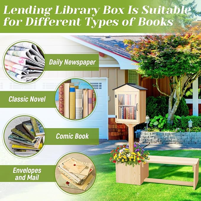 Wonderjune Little Library Box Outdoor, Weatherproof Solid Wood Free Library with Matching Wooden Seats Floor Plugs and Small Flower Fence for Neighborhoods Community School(Wood)