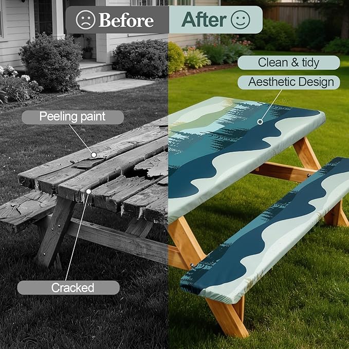 Picnic Table Cover with Bench Covers Camping Essentials Waterproof Windproof Camping Tablecloth with Drawstring Bag, Fitted Rectangle Tables and Seats, 96in, Green Blue