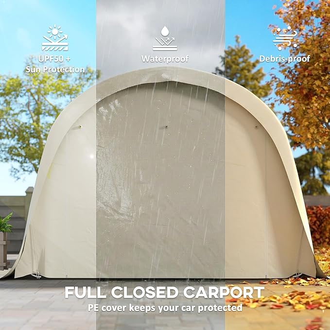 Outsunny 12' x 23.6' Heavy Duty Carport, Portable Garage Car Canopy Tent with UPF50+ Sun Protection, Galvanized Frame, Large Roll-Up Door for Cars, Trucks, Boats, Motorcycle, Bike, Beige