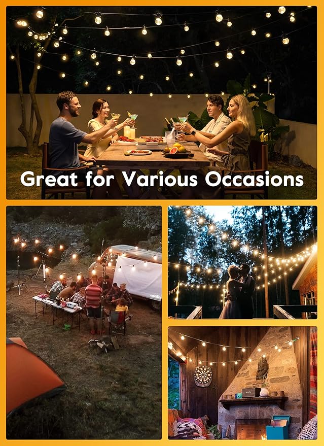 Brightown Outdoor String Lights with Remote, 2 Packs Each 38Ft 15 LED Patio Lights Outdoor Waterproof, String Lights for Outside, Dimmable Hanging Lights for Porch Balcony Bistro Cafe