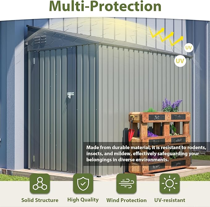 KEIKI Storage Shed 4x7 FT, Small Metal Tool Shed for Outdoor Storage, Galvanized Steel Garden Shed with Lockable Doors for Patio, Backyard, Lawn, Grey