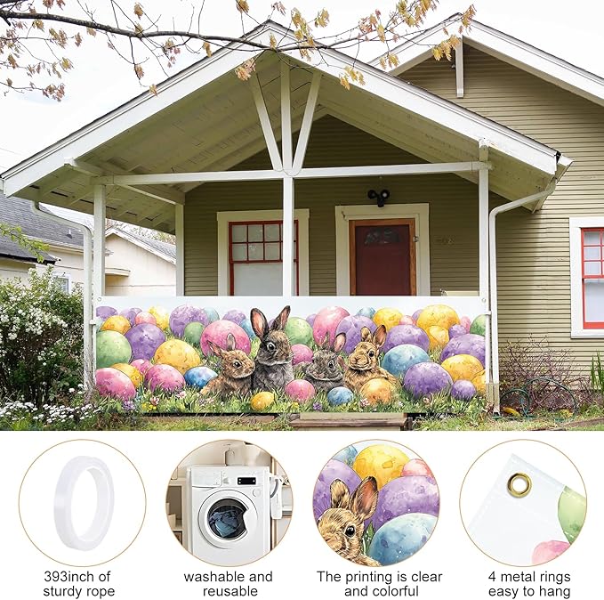 10x3 ft Extra Large Happy Easter Banner Outdoor 115''x35'' Cut Rabbit Banner for Fence Outside Garden Large Bunny Banners Yard