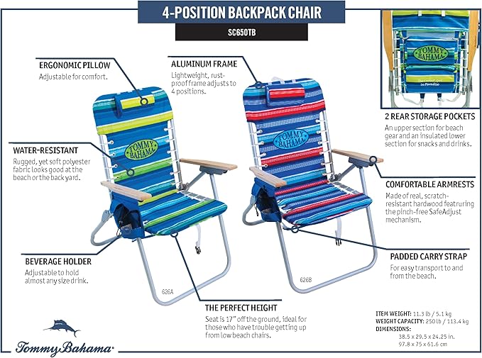 Tommy Bahama Hi-Boy 17" Seat Height 4-Position Lace-Up Suspension Folding Beach Backpack Chair