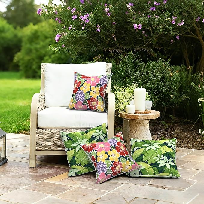 LVTXIII Outdoor Throw Pillows 18x18 Patio Waterproof Square Pillows with Piping Fade Resistant Accent Pillow for Spring Summer Garden Decoration, Set of 2, Flower Bloom