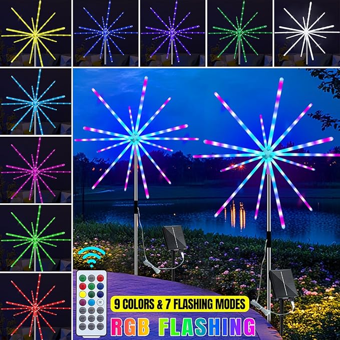 Solar Firework Lights Outdoor, 9 Colors 16 Modes Solar Garden Light Waterproof Solar Powered Starburst Light for Party Wedding Holiday Decoration Meteor Lights 2 Pack