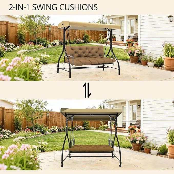 5 Inch Thick Waterproof Patio Porch Swing Cushions, 60x40 Inch 3 Seater Replacement Cushion with Backrest & 8 Ties, Fade-Resistant Outdoor Bench Swing Pad