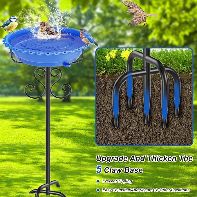 Bird Bath for Outside,40In Vintage Freestanding Bird Feeder Birdbaths for Outdoors, Bird Bath Detachable Plastic Bowl for Garden Patio Yard Lawn Decor, 5-Pronged Base & Easy to Clean (Blue)