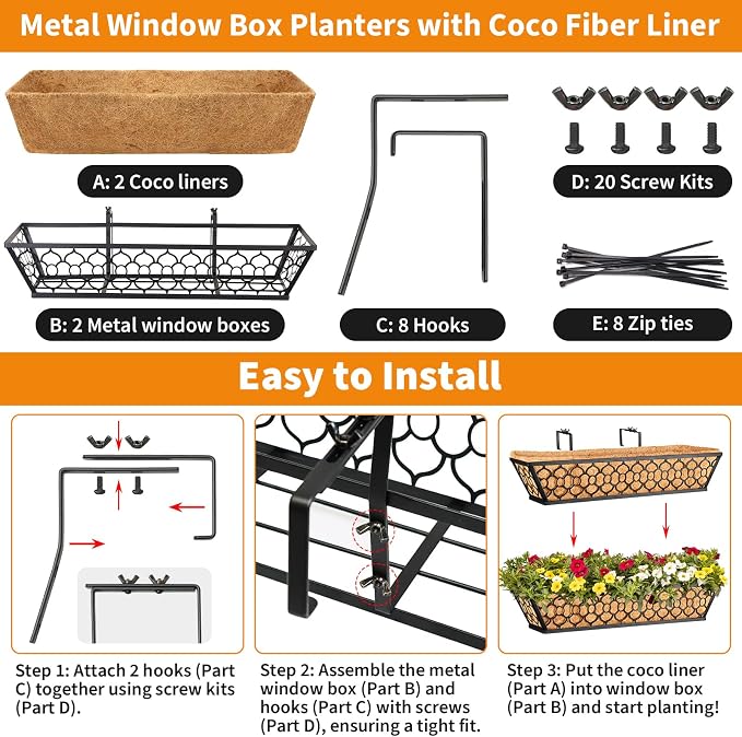 Riare 2 Pack 23 Inch Window Boxes Planters with Coco Liner, Metal Deck Railing Planter Boxes, Balcony Planters Railing Hanging, Horse Trough Window Flower Planter Boxes for Outdoor Porch Fence Patio