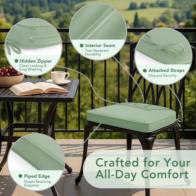 Outdoor Chair Cushions Set of 2: Waterproof & Fade Resistant Patio Furniture Cushions - 19 x 19 x 2 Inch Non Slip Round Corner Seat Cushion Pads with Removable Cover for Garden Yard Lawn, Sage Green