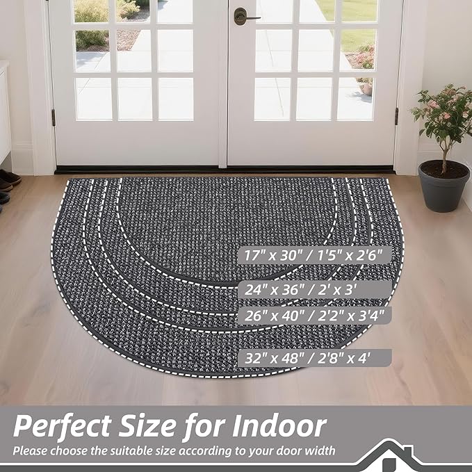 BEQHAUSE Dirt Trapper Door Mat 17" x 30" Half Circle Non-Slip Washable Doormats Entrance Rugs Absorbent Welcome Low Profile Floor Mats for Front Back Door and Entryway, Charcoal