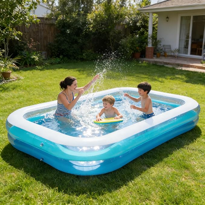 Kids Splash Pool Inflatable 120x72 Inch Rectangular, Extra Large BPA-Free PVC Family Pool ASTM Certified with Easy Drain for Ages 3-12, Thickened Anti-Burst Backyard Summer Pool
