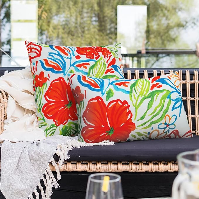 Merrycolor Outdoor Pillow Covers 20x20 Waterproof Throw Pillow Cover Flower Garden Farmhouse Outdoor Pillows for Patio Furniture Set of 2