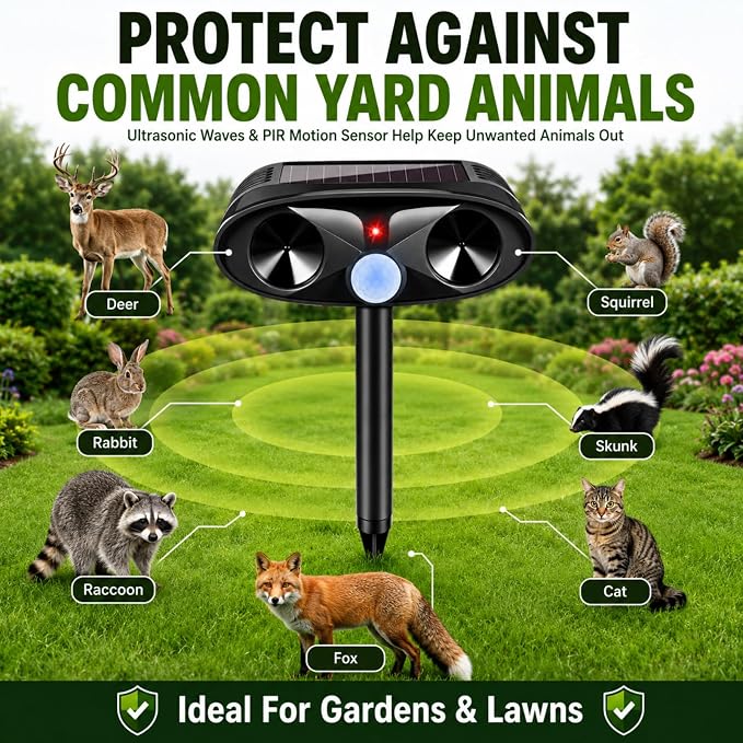 Upgraded Solar Ultrasonic Animal Repellent Outdoor for Squirrel,Dog,Raccoon,Skunk,Rabbit,4 Pack Cat Deterrent Sonic Deer Repellent Devices USB Charge Animal Repeller for Yard Garden,Black
