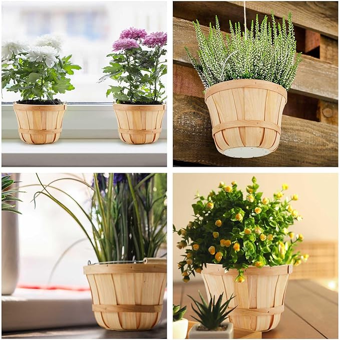 Marsui 16 Pcs Round Wooden Berry Baskets Small Bushel with Handles for Gifts Empty Basket Fruit Buckets for Picking Strawberry Fruits Flowers Crafts Home Wedding (Natural Wood)