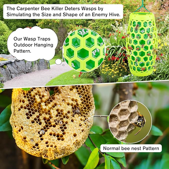 Wasp Trap Bee Catcher - Outdoor Hanging Carpenter Bee Traps with 4 Sticky Boards, Non-Toxic Reusable Hornet & Yellow Jacket Trap, 2 Pack (Green)