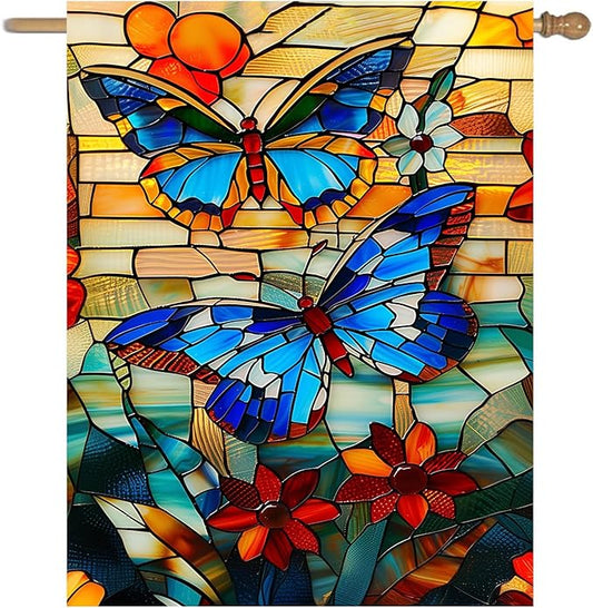 Stained Glass Butterfly Garden Flag Spring Summer House Flag Fall Floral Decorative Yard Flags for Outside 28x40 Double Sided Large Seasonal Lawn Flags Rustic Outdoor Decor