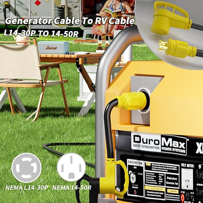 PlugSaf 4 Prong 30 Amp to 50 Amp RV Generator Adapter Cord, NEMA L14-30 Twist Lock Male Plug to NEMA 14-50 Female Plug, 12 Inch(1 FT) 10 Gauge STW Power Cord, Max 30A 125V/250V, Yellow, ETL Listed