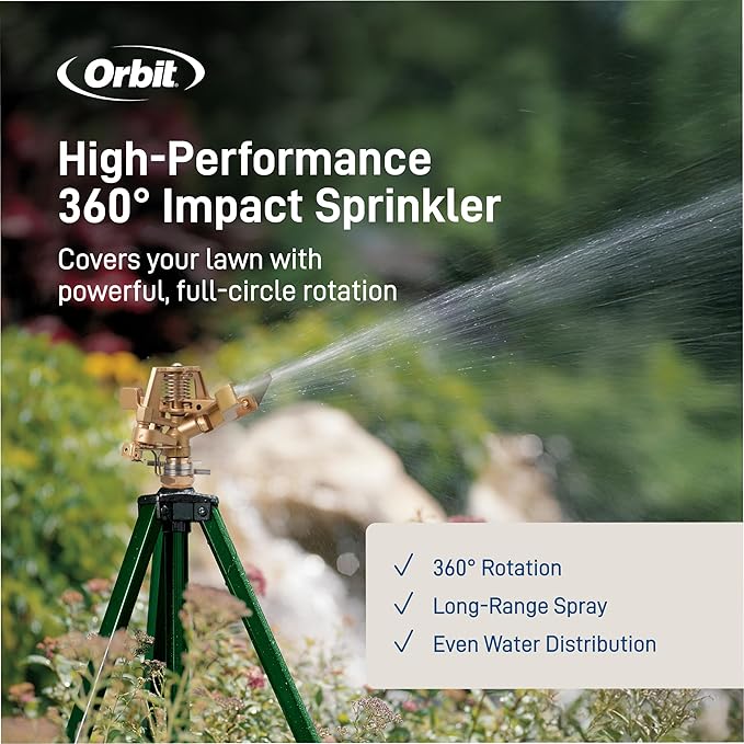 Orbit 56667Z Tripod Lawn Zinc Impact Sprinkler - 360 Degree Rotating Sprinkler