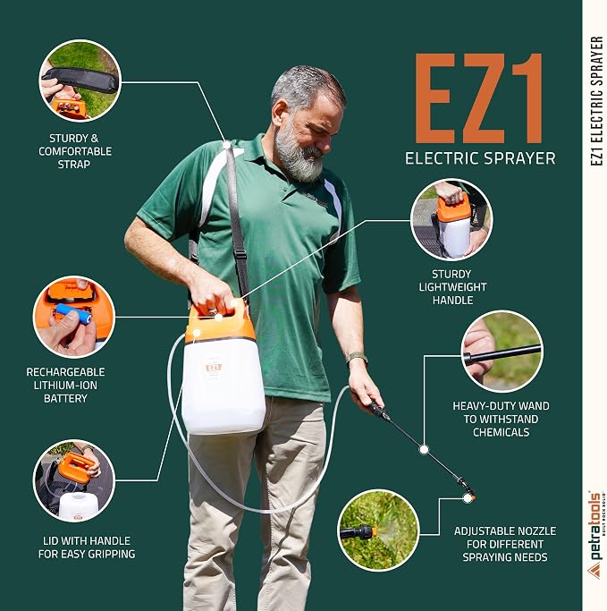 PetraTools EZ1 Battery Powered Sprayer 1 Gallon - Lawn and Garden Electric Sprayer for Weed/Pest Control, Watering & More - Battery Operated for Effortless Spraying (Pro-Kit)