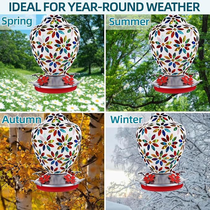 VOREEN Glass Mosaic Hummingbird Feeders, 35OZ with Ant Moat & 4 Feeding Ports, Hand Blown Glass Outdoor Hanging Porch Garden Backyard Decor, Mom Wife Friend'Gift, Flowers Design
