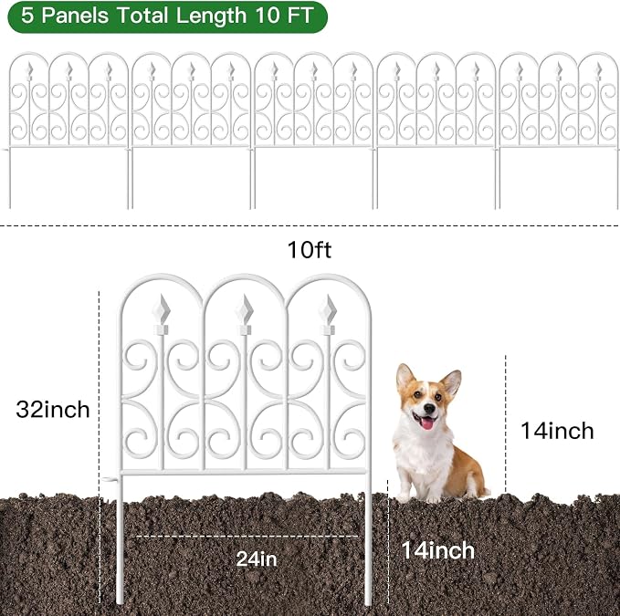 AMAGABELI GARDEN & HOME 5 Panels 32in(H)×10ft(L) Decorative Garden Fences and Borders for Dogs No Dig Metal Fence Panel Garden Edging Border Fence For Animal Barrier Fencing for Flower Beds Yard White