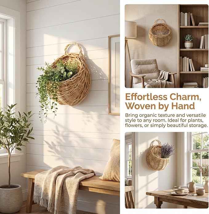 DOITOOL Willow Wall Basket, 2PCS Flat Back Woven Hanging Planter, Semi Circular Baskets, Boho Flower Holder, Wall Hanging Willow Storage for Indoor Outdoor Plant Flower Fruit Kitchen Storage