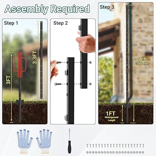 Metal Fence Posts Splicing 6 FT, 16 Pack Black Heavy Duty U Posts, No Dig T Posts for Fences Wire Mesh, Perfect for Temporary Fencing, Electric Fence Wire, Corner Anchor