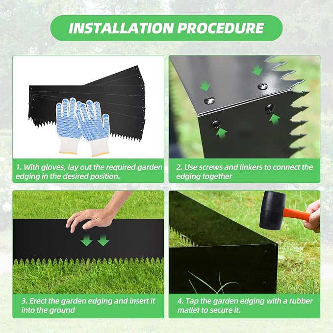 Steel Landscape Edging Kit, Upgraded Style 8.4H x 40L inches, 6 Pieces, Galvanized Steel, 20ft Total, Hammer-in, Black