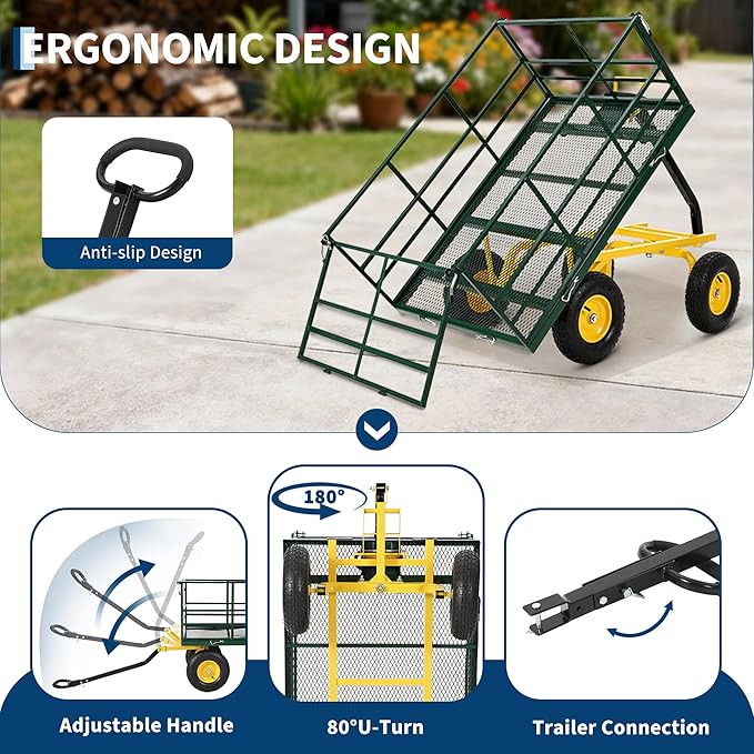 Heavy Duty 1500 Lbs Capacity Mesh Steel Garden Cart Folding Utility Wagon with Removable Sides, Garden Cart on Wheels for Gardening Soil, Tools, and Plant Transport