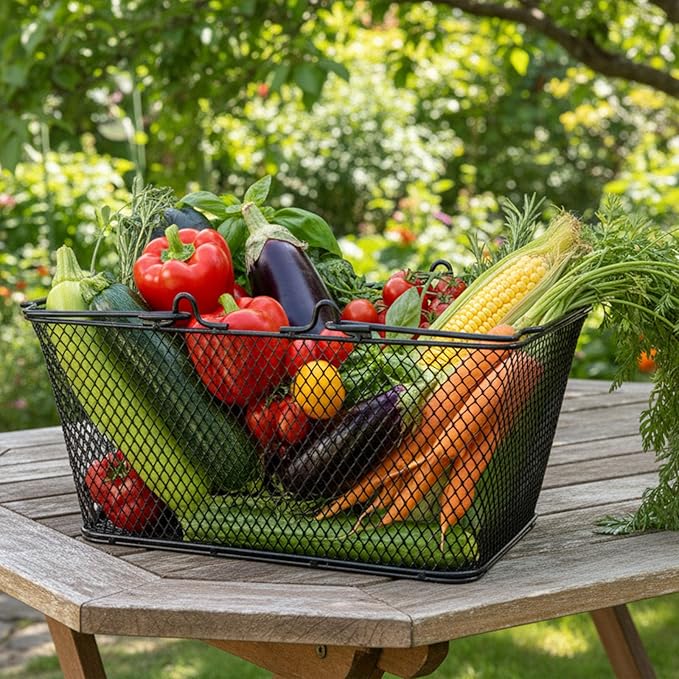 Garden Harvest Basket,Metal Wire Storage Basket with Handle,Large Food Baskets,Garden Baskets for Gathering Vegetables,Fruits,Kitchen,Picnic,Black