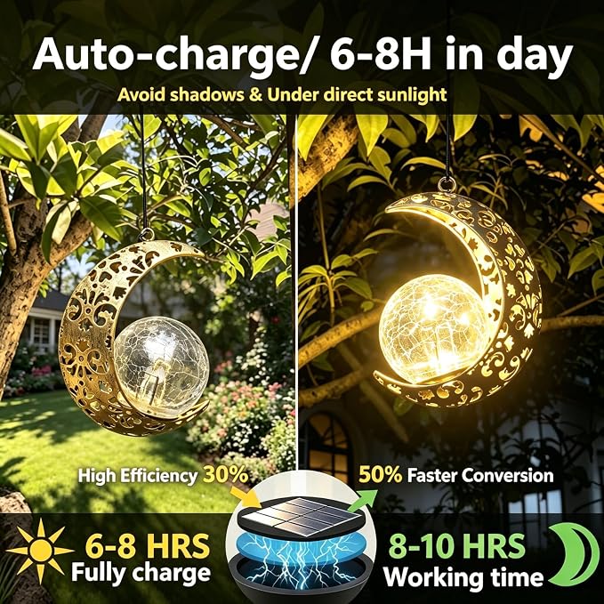 Solar Lanterns Outdoor Waterproof Decor, 4 Pack Hanging Moon Garden Lights Metal Crescent & Crackle Glass Globe, Outside LED Light for Garden, Yard, Patio, Tree, Housewarming Gifts for Women Mom